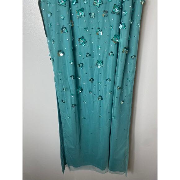 ADRIANNA PAPELL DRESS 14 GREEN SEQUIN 3D FLORAL LONG FORMAL ONE SHOULDER BLING - Picture 13 of 16